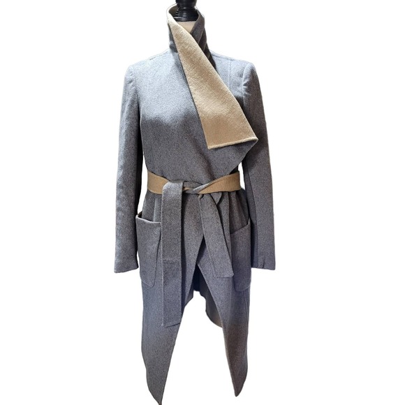 BCBGMaxAzria Jackets & Blazers - BCBGMaxazria Wool Belted Coat Jacket Small Longline Gray Taupe Waterfall Neutral